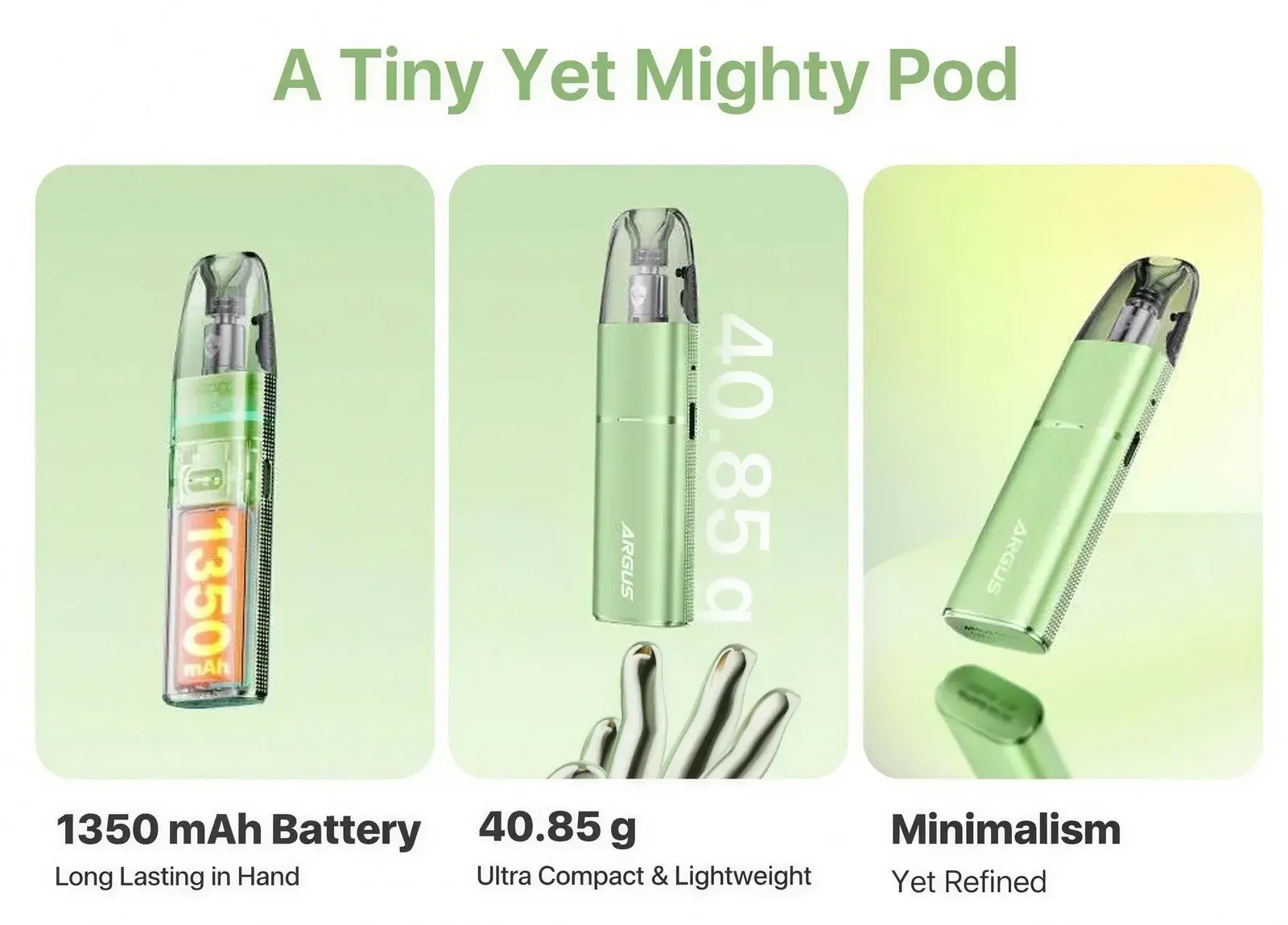 VOOPOO's ARGUS G3 mini poster — a tiny yet mighty pod: 1350mAh battery, 40.85g