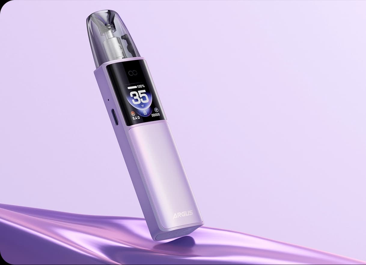 VOOPOO ARGUS G4, gold/lilac colourway, styled studio shot on a satin surface