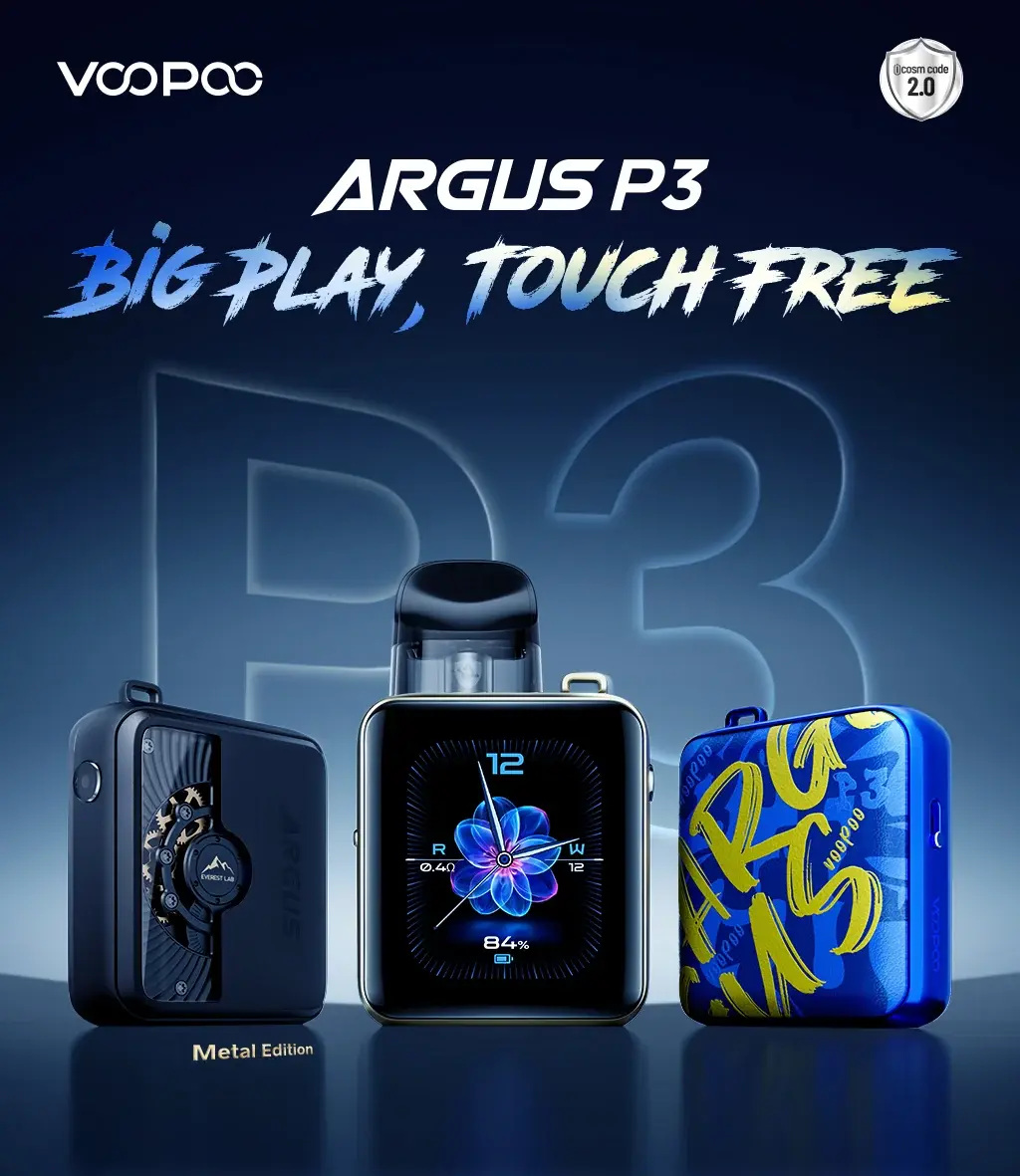 VOOPOO's ARGUS P3 poster — Big Play, Touch Free: the Metal Edition, the screen and a Blue Leather back