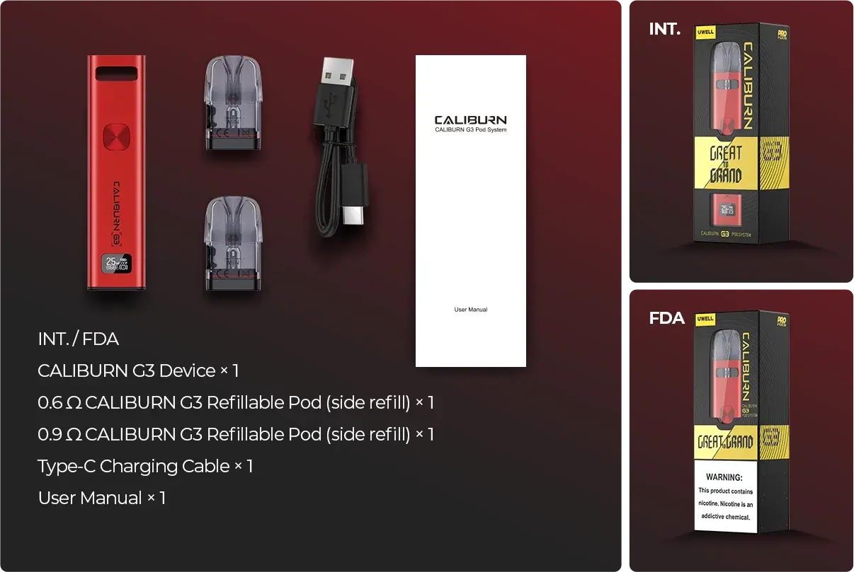 UWELL's Caliburn G3 picture — the INT / FDA kit contents