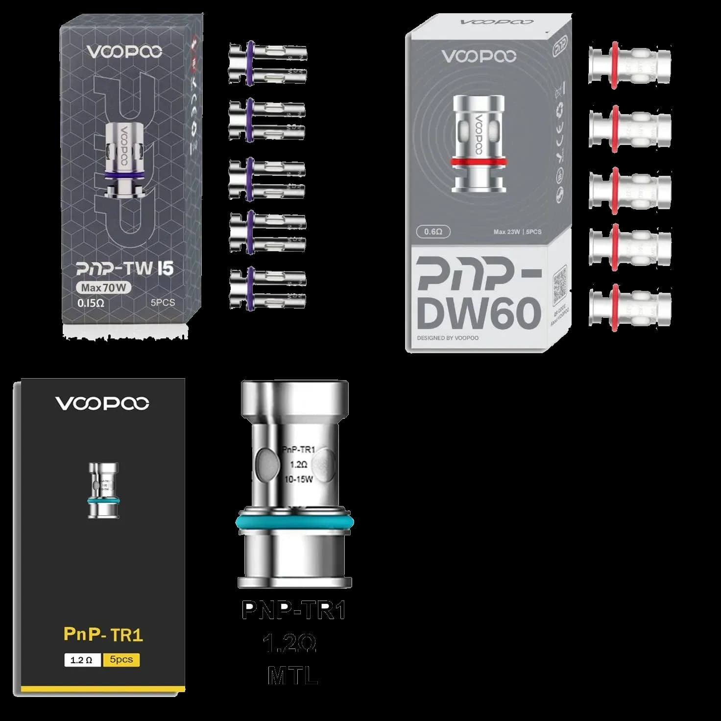 VOOPOO PnP-TW15 (0.15Ω), PnP-DW60 (0.6Ω), and PnP-TR1 (1.2Ω) replacement coil retail packaging, side by side