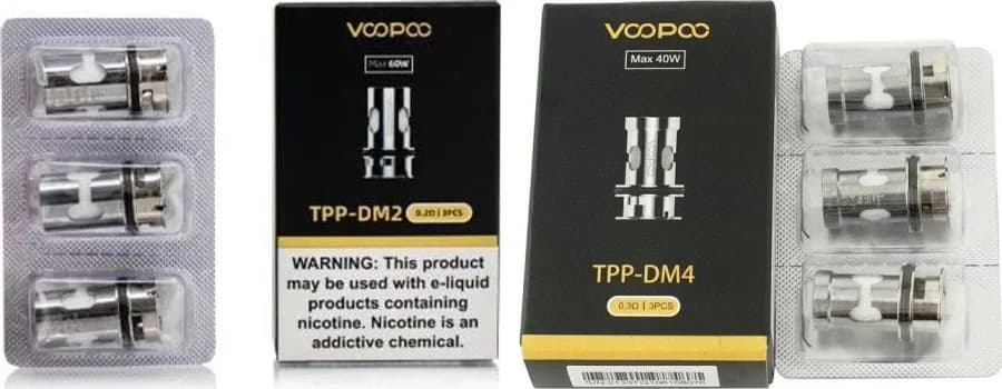 VOOPOO TPP-DM2 (0.2Ω) and TPP-DM4 (0.3Ω) replacement coil retail packaging, side by side