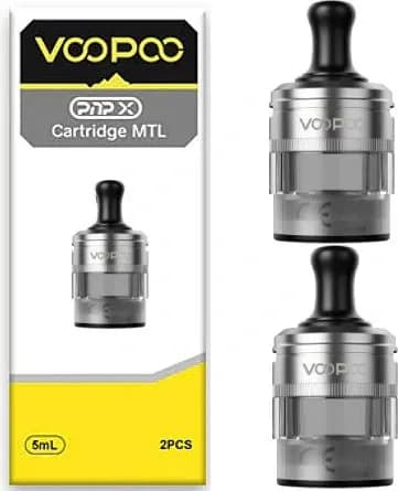 VOOPOO PnP X Cartridge MTL, silver colorway, retail box and two cartridges, isolated product shot