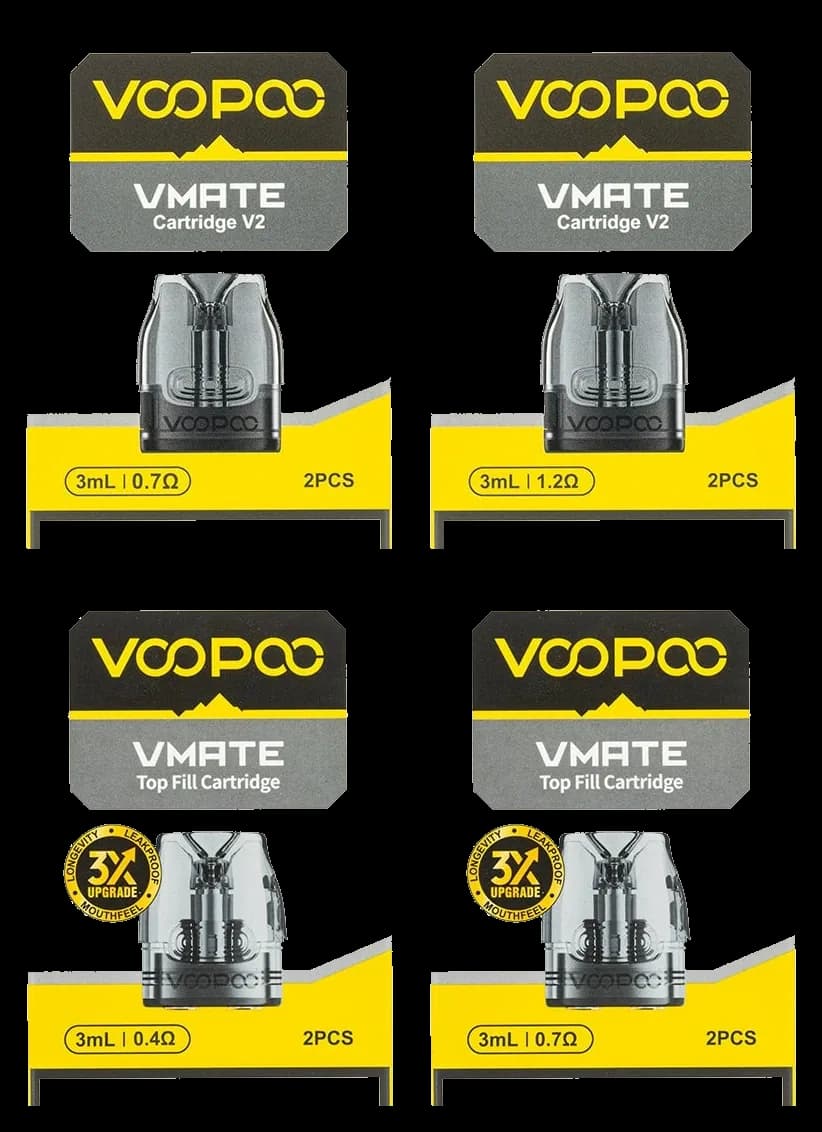 VOOPOO VMATE Infinity Edition Cartridge retail packaging — 0.7Ω, 1.2Ω, 0.4Ω Top Fill, and 0.7Ω Top Fill, one box per variant