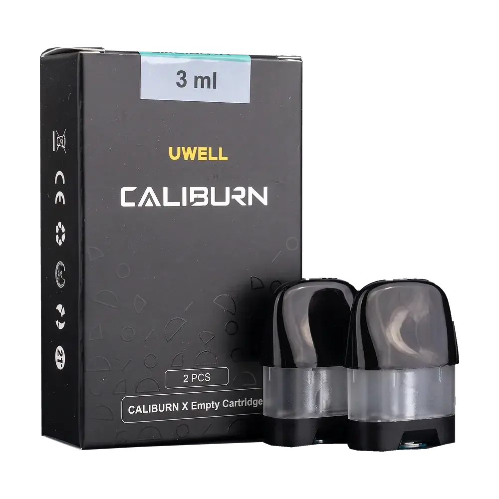 UWELL CALIBURN X 3 mL empty pod cartridge box with two pods, studio photo