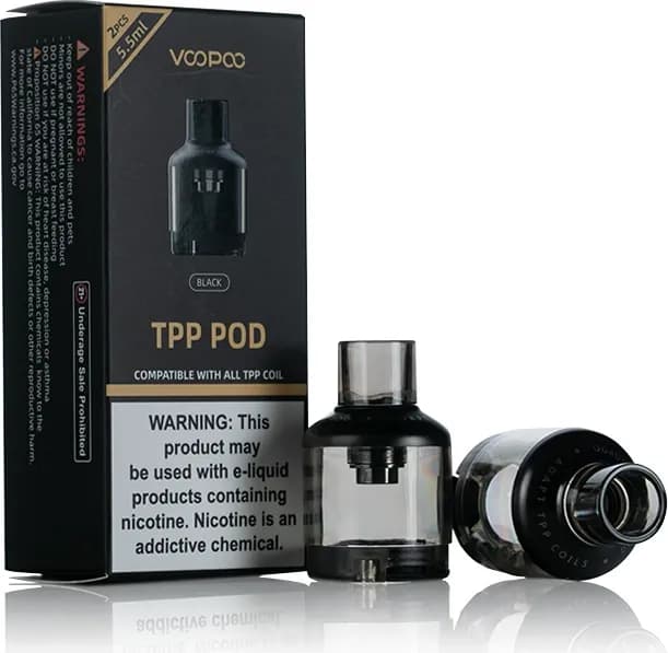 VOOPOO TPP Pod in Black, 5.5mL, retail box with two pods, one showing the ADAPT TPP COILS base engraving