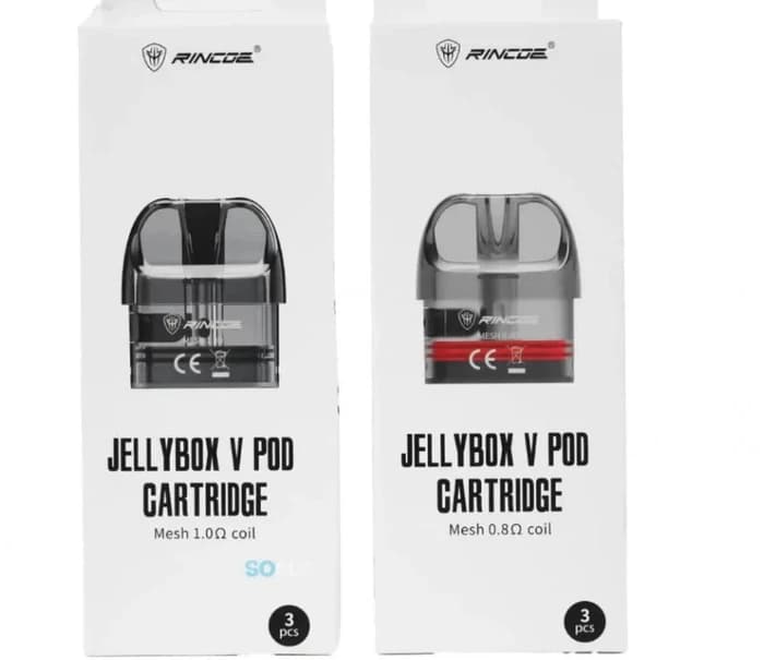 RINCOE Jellybox V Pod Cartridge retail packaging, showing both real 1.0Ω and 0.8Ω mesh coil variants