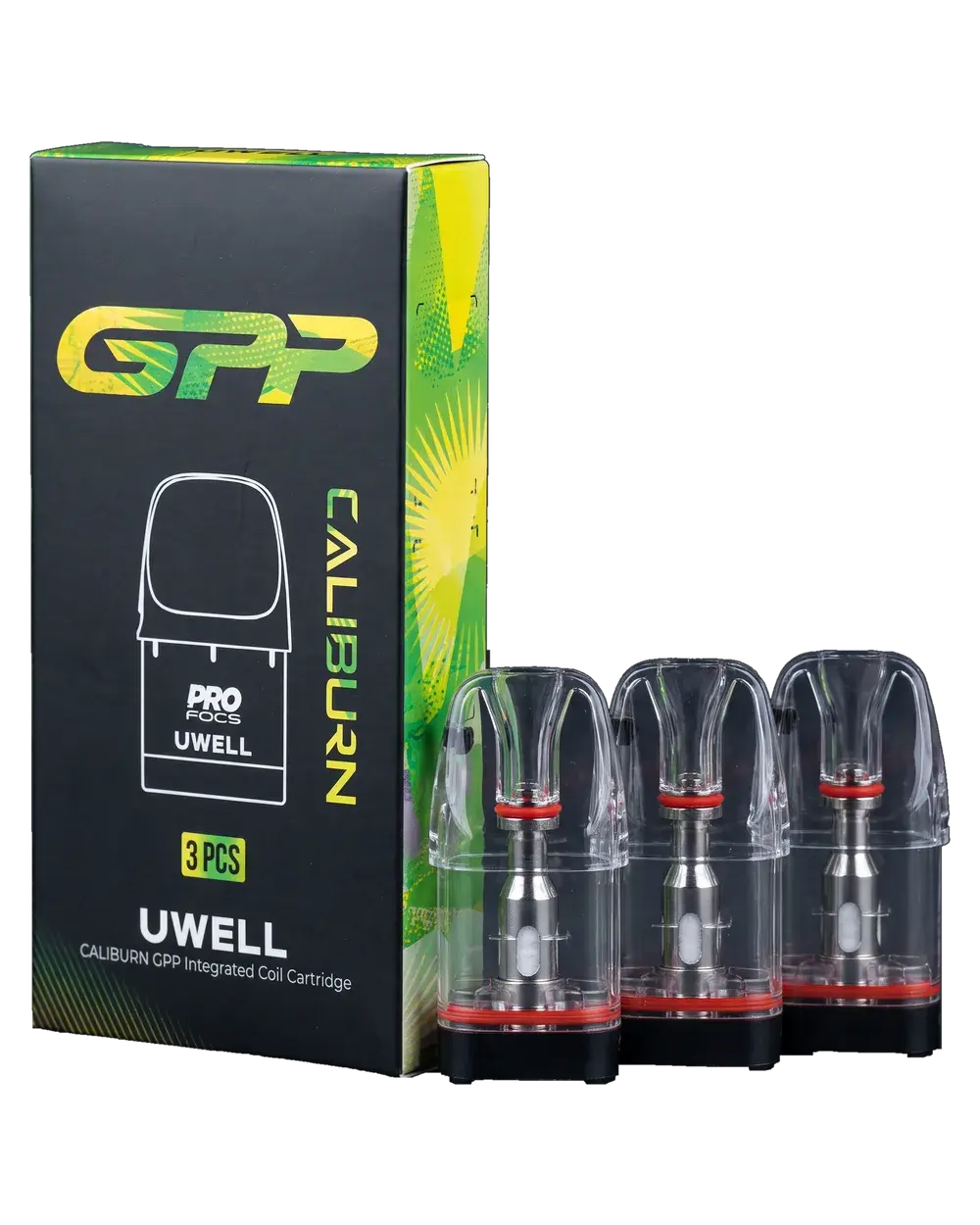 UWELL CALIBURN GPP Integrated Coil Cartridge, box and 3 pods, studio photo
