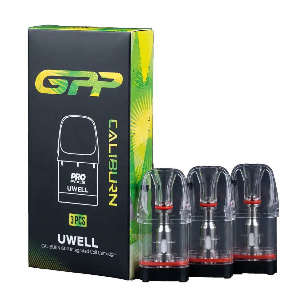 UWELL CALIBURN GPP Integrated Coil Cartridge 0.4Ω, box and 3 pods (red ring), studio photo