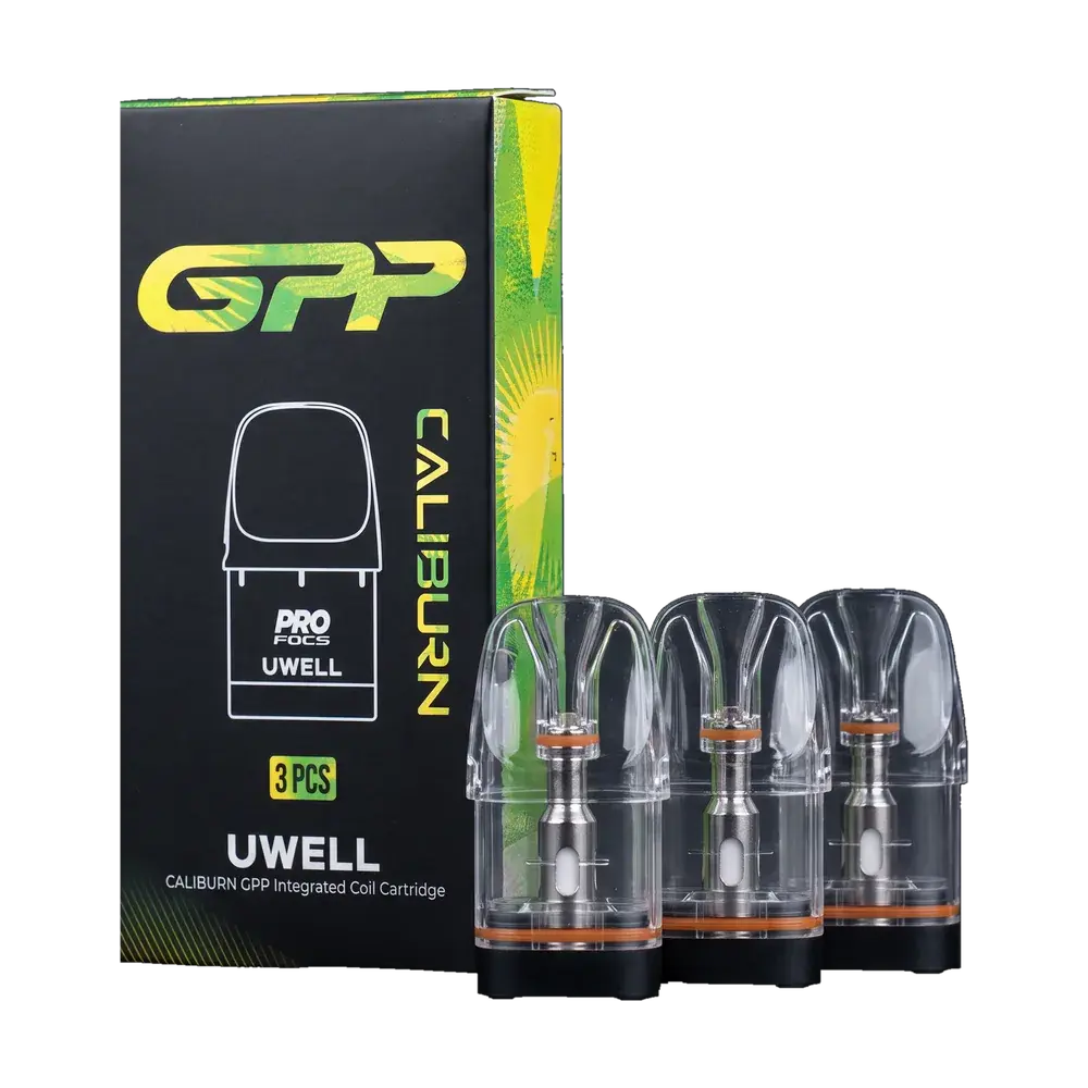 UWELL CALIBURN GPP Integrated Coil Cartridge 0.6Ω, box and 3 pods (orange ring), studio photo
