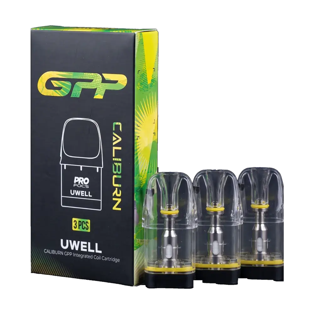 UWELL CALIBURN GPP Integrated Coil Cartridge 0.9Ω, box and 3 pods (yellow ring), studio photo
