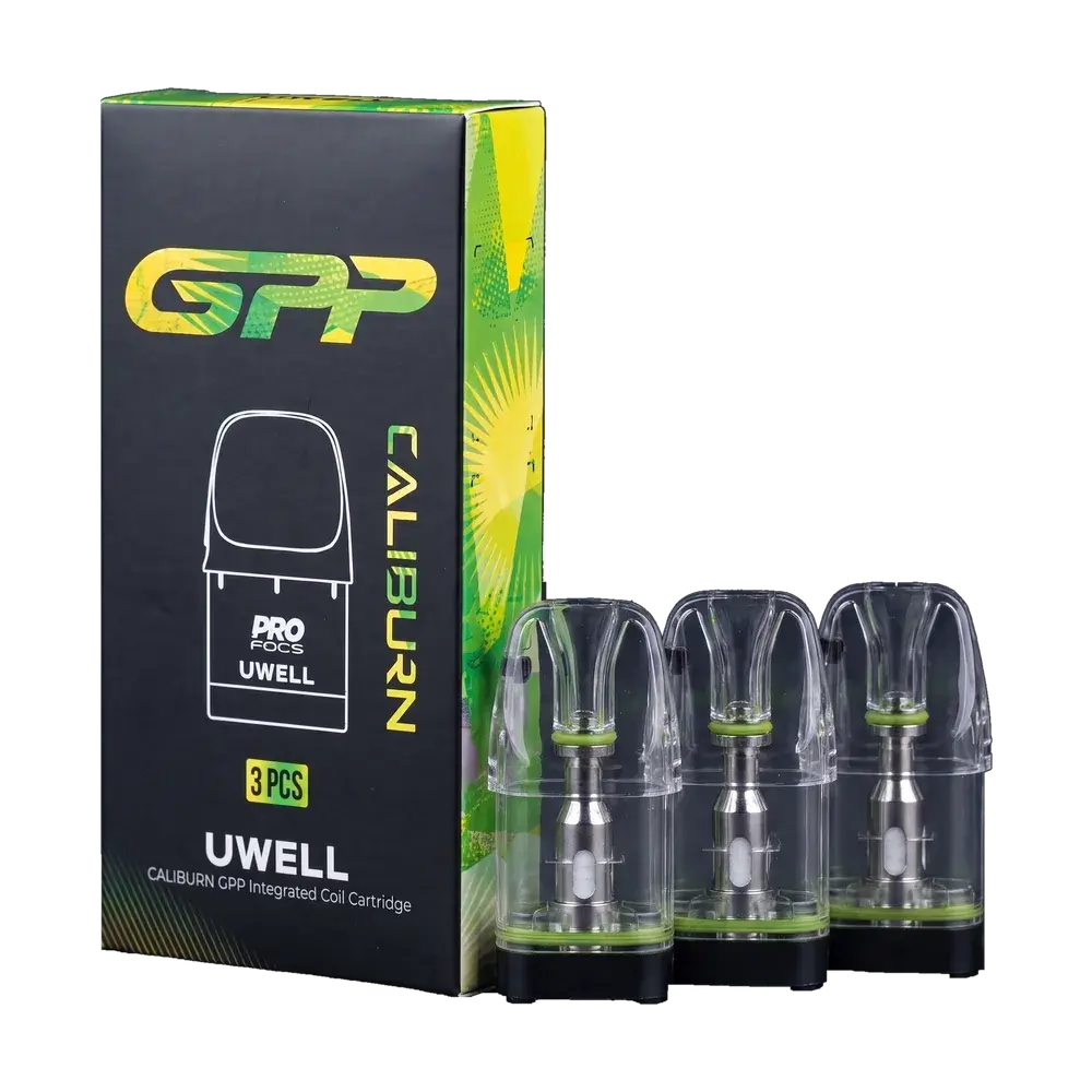 UWELL CALIBURN GPP Integrated Coil Cartridge 1.2Ω, box and 3 pods (green ring), studio photo