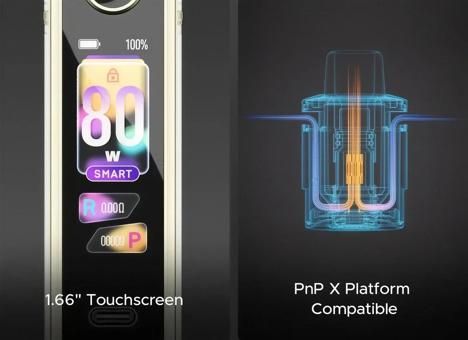 VOOPOO's DRAG X3 poster — the 1.66-inch touchscreen and the PnP X cartridge