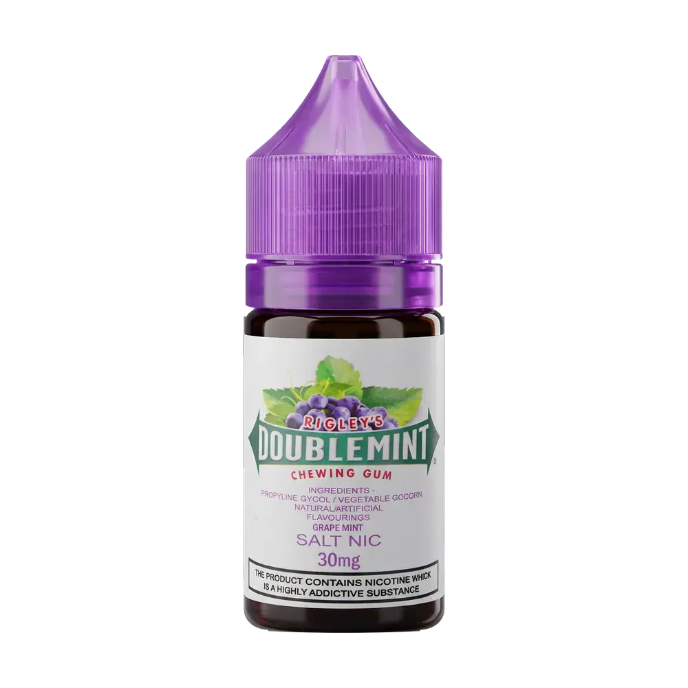 Double Mint Salt Nic e-liquid bottle, Grape, studio photo
