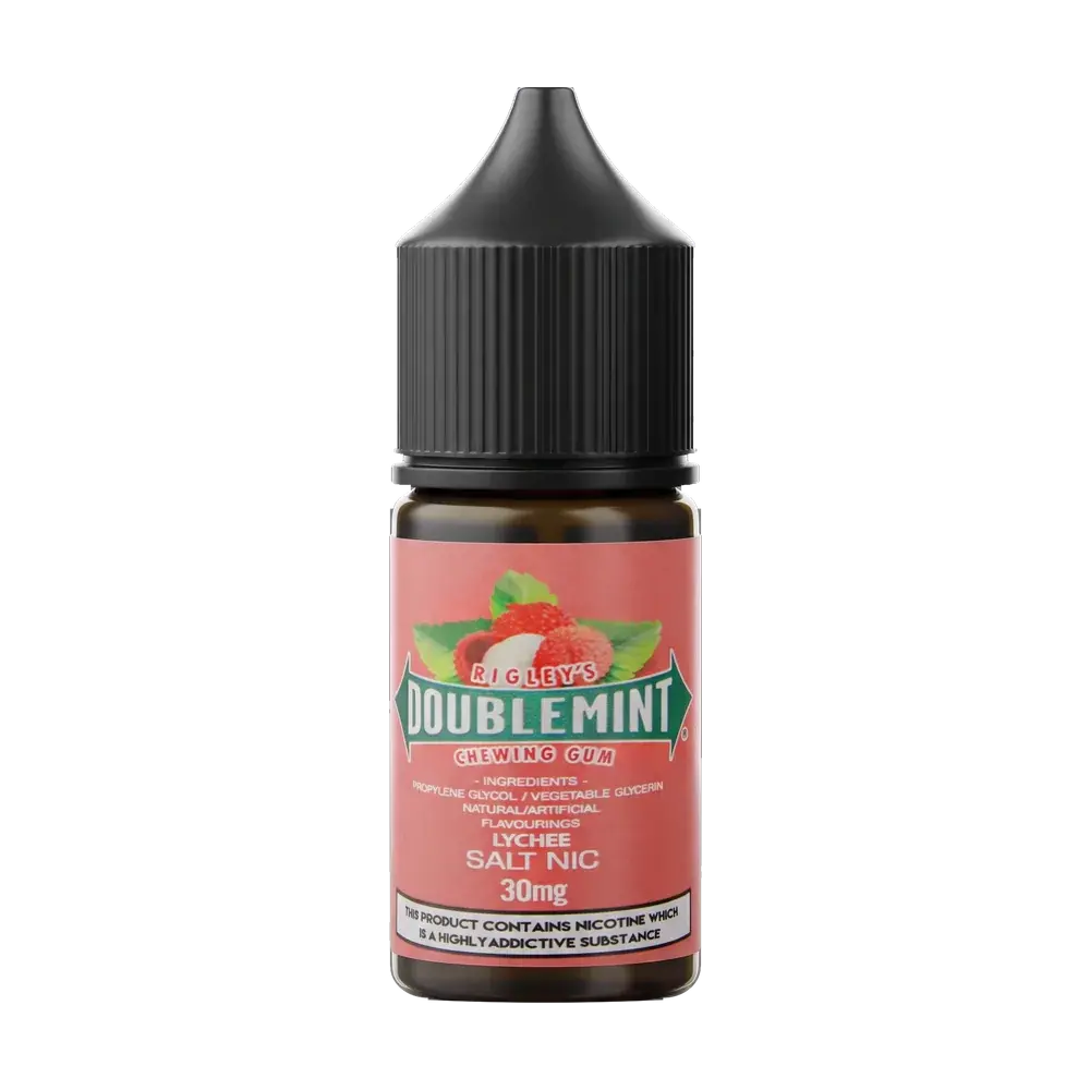 Double Mint Salt Nic e-liquid bottle, Lychee, studio photo