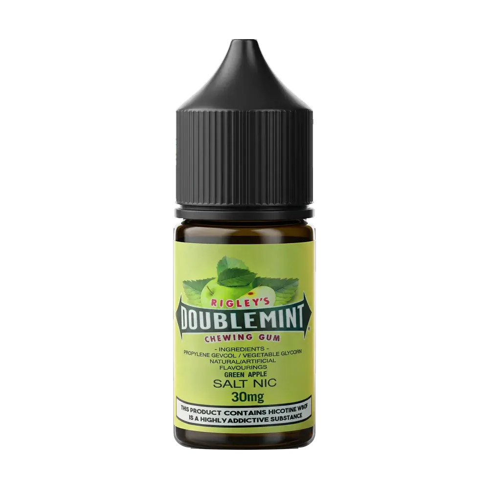 Double Mint Salt Nic e-liquid bottle, Green Apple, studio photo