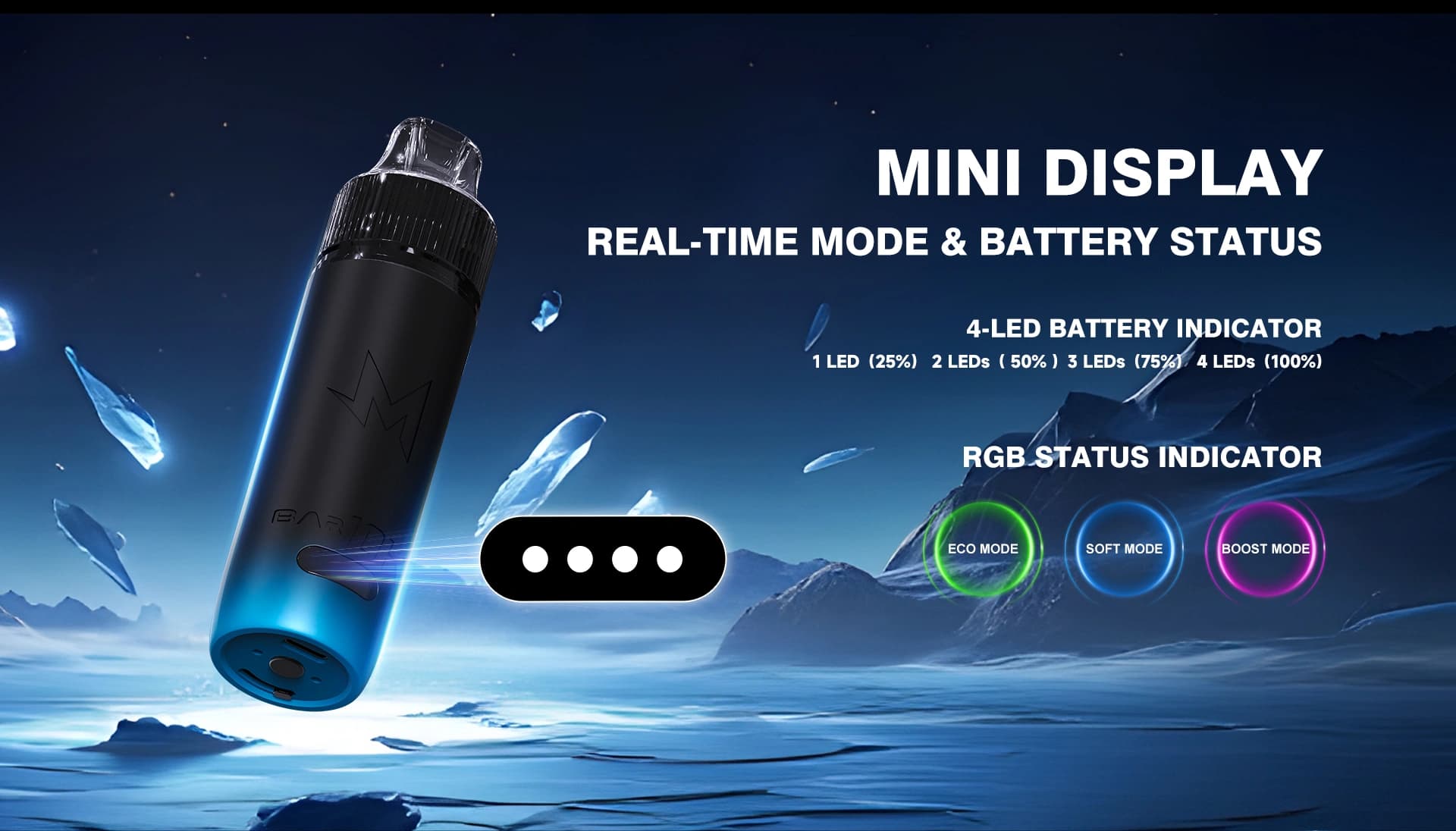 SALTHUB M Bar 10K mini display, 4-LED battery indicator and Eco/Soft/Boost RGB status indicator