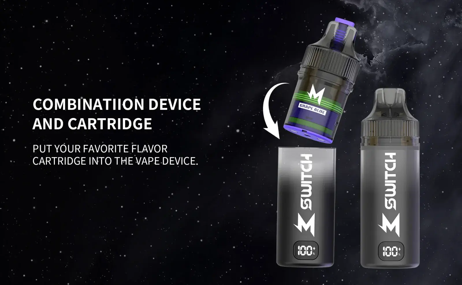 โปสเตอร์ของ SALTHUB: หัวพอต M Switch Pod แบบใสกำลังเสียบเข้ากับตัวเครื่อง M Switch