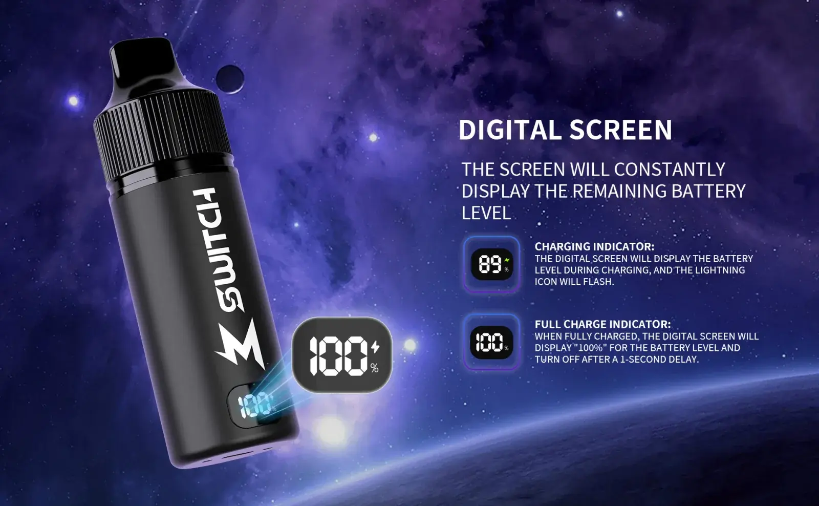 โปสเตอร์ของ SALTHUB: จอของ M Switch บอกระดับแบต สถานะกำลังชาร์จ และชาร์จเต็ม