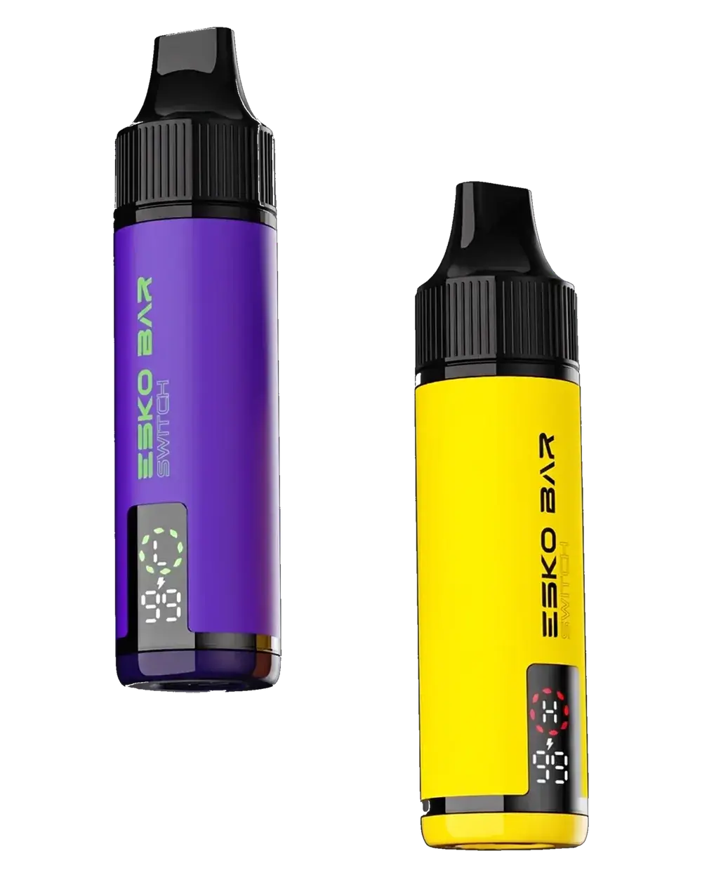 ESKO BAR SWITCH reusable pod device, Purple and Yellow colorways, isolated product shot