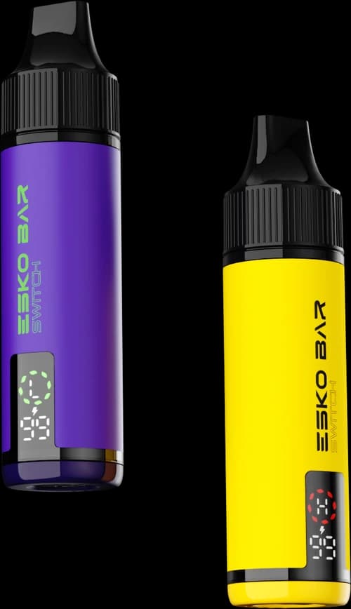 ESKO BAR SWITCH reusable pod device, Purple and Yellow colorways, isolated product shot