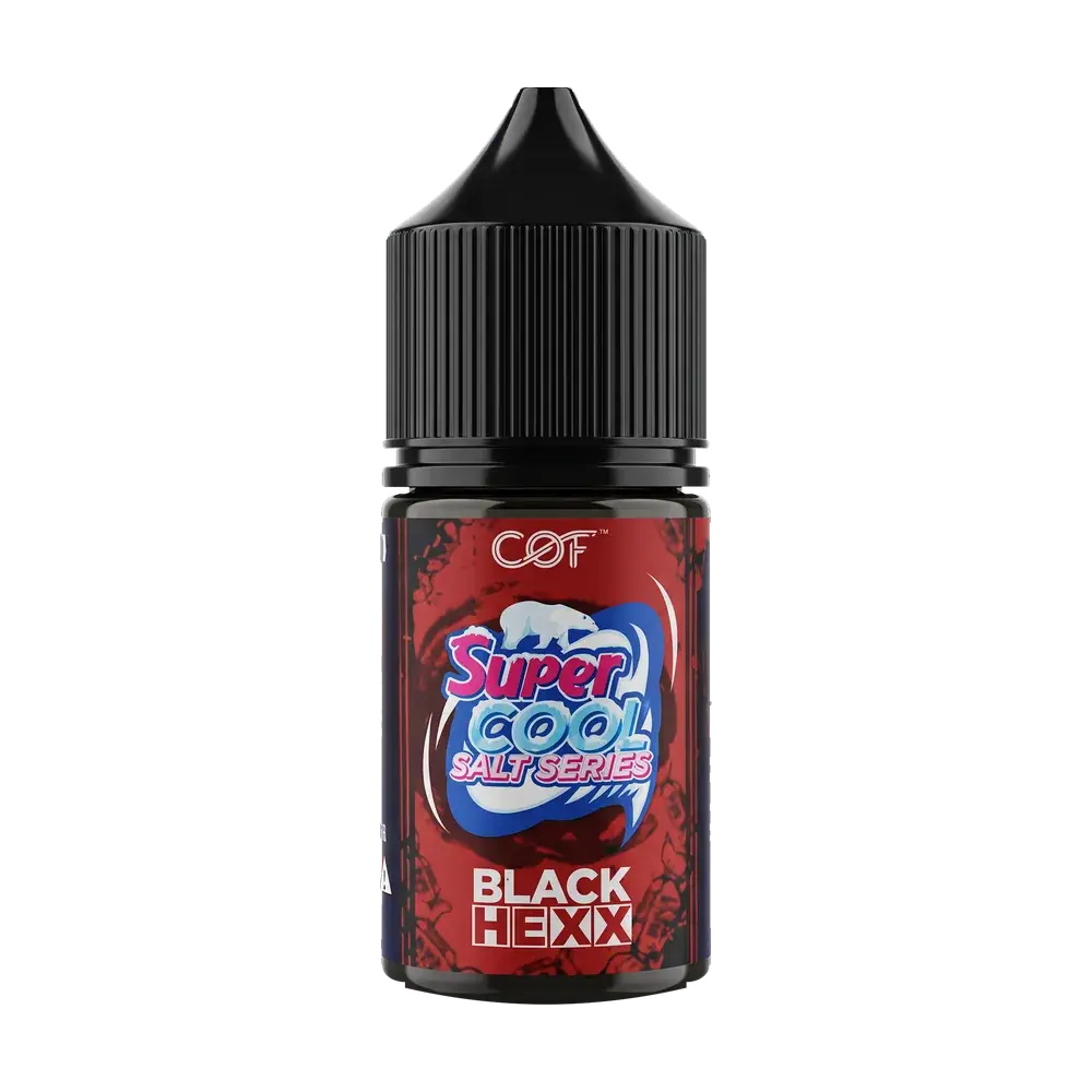 Super Cool Black Hexx salt nic e-liquid bottle, studio photo