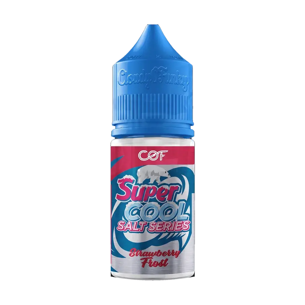 Super Cool Strawberry Frost salt nic e-liquid bottle, studio photo
