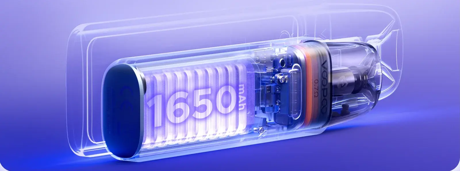 VOOPOO's ARGUS G4 mini poster — a see-through view of the 1650mAh battery