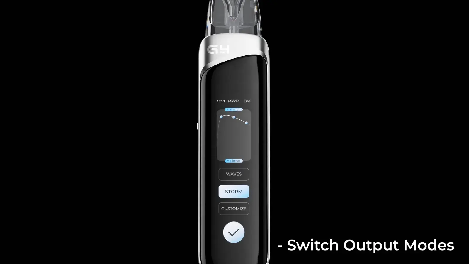 Still from UWELL's Caliburn G4 Pro film — switching output modes on the touchscreen