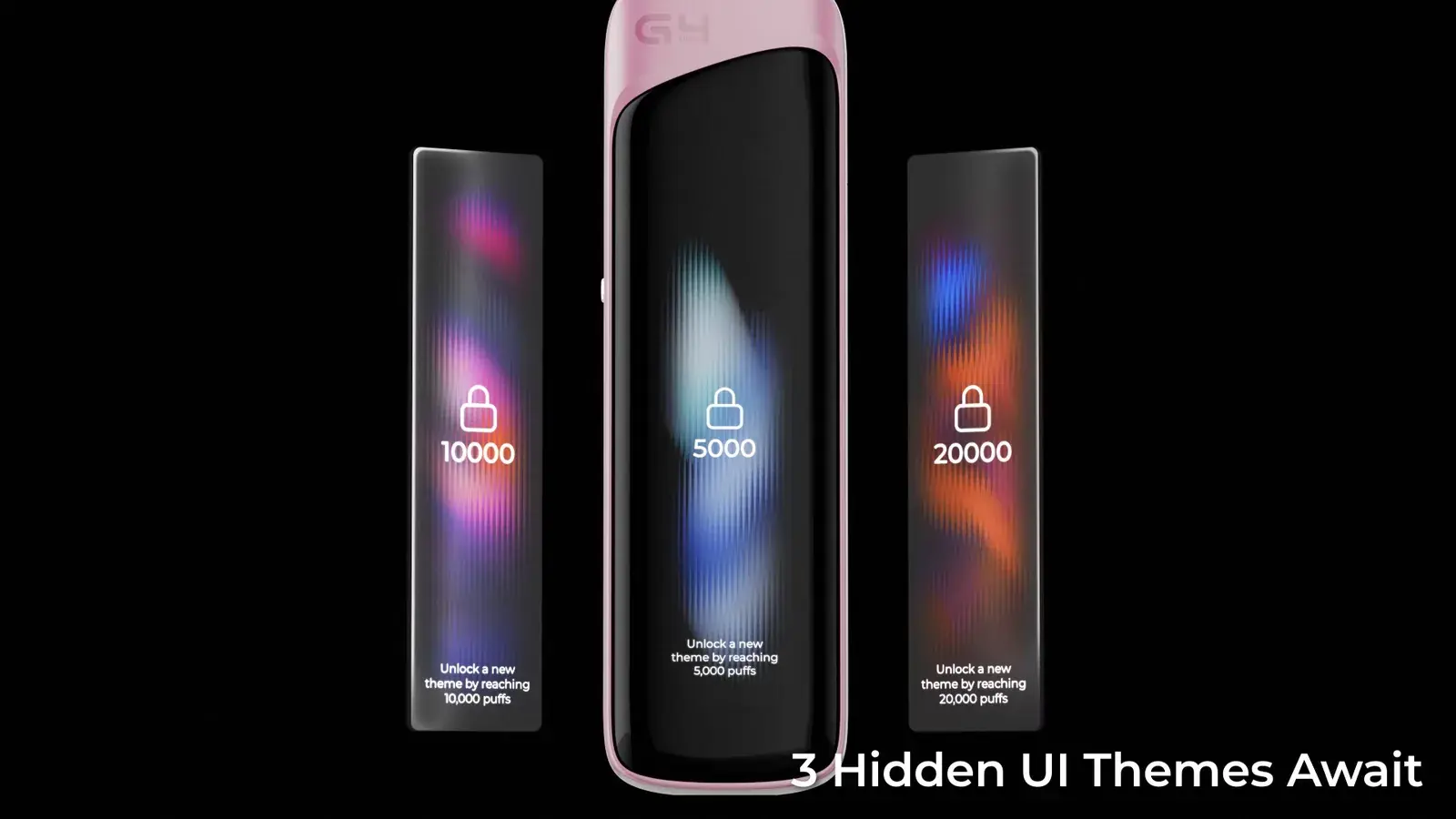Still from UWELL's Caliburn G4 Pro film — three hidden screen themes, locked until set puff counts