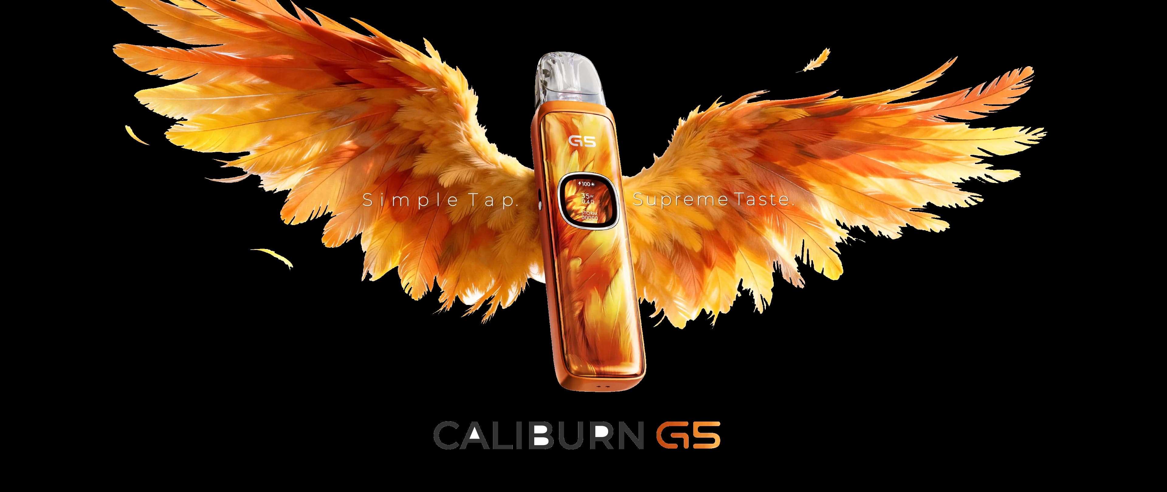 Official UWELL Caliburn G5 campaign image, "Simple Tap. Supreme Taste."