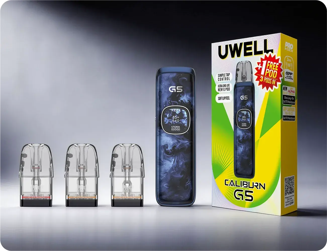 Official UWELL Caliburn G5 poster — the device, its box and three pods (phone version)