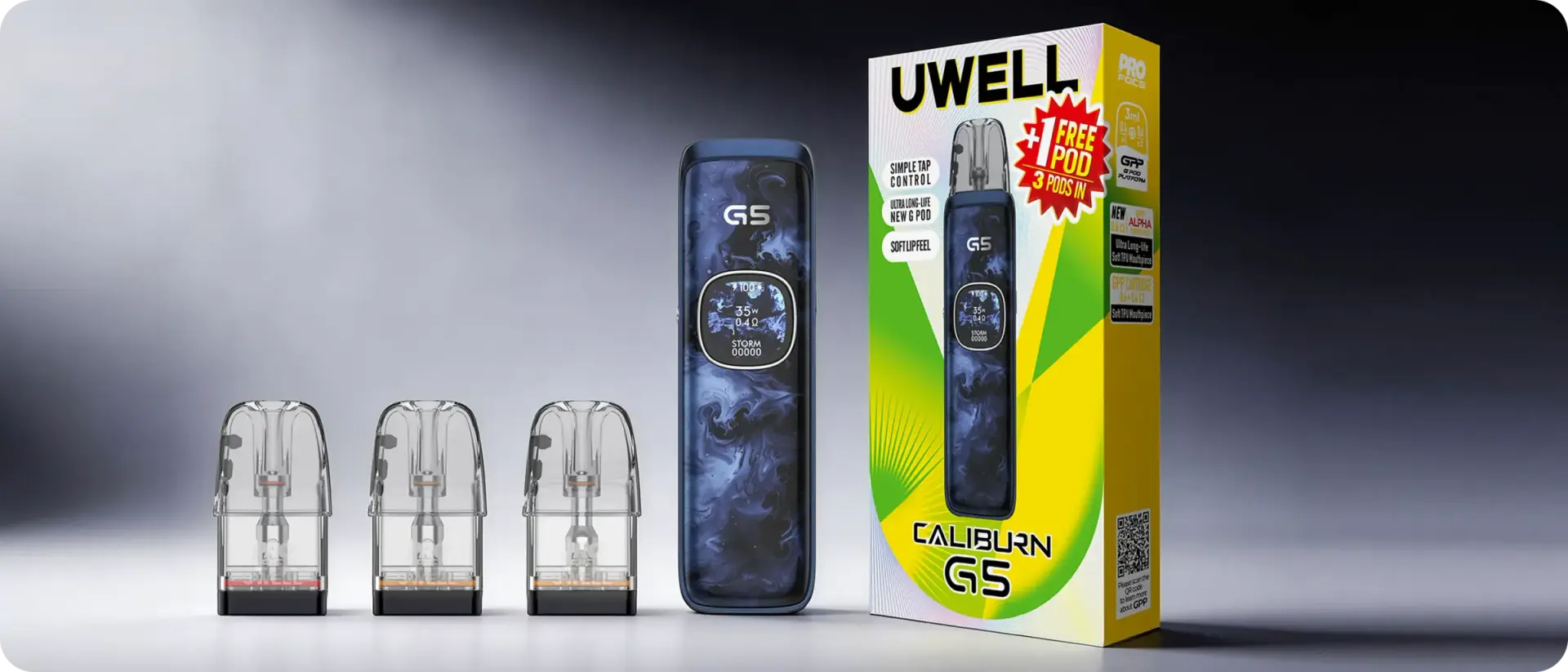 Official UWELL Caliburn G5 poster — the device, its box and three pods