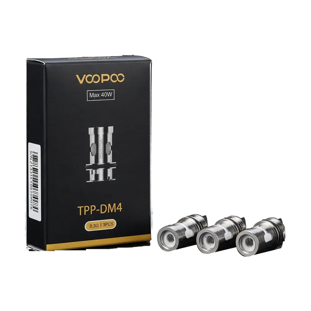 VOOPOO TPP-DM4 0.3Ω coil box with three coils, studio photo