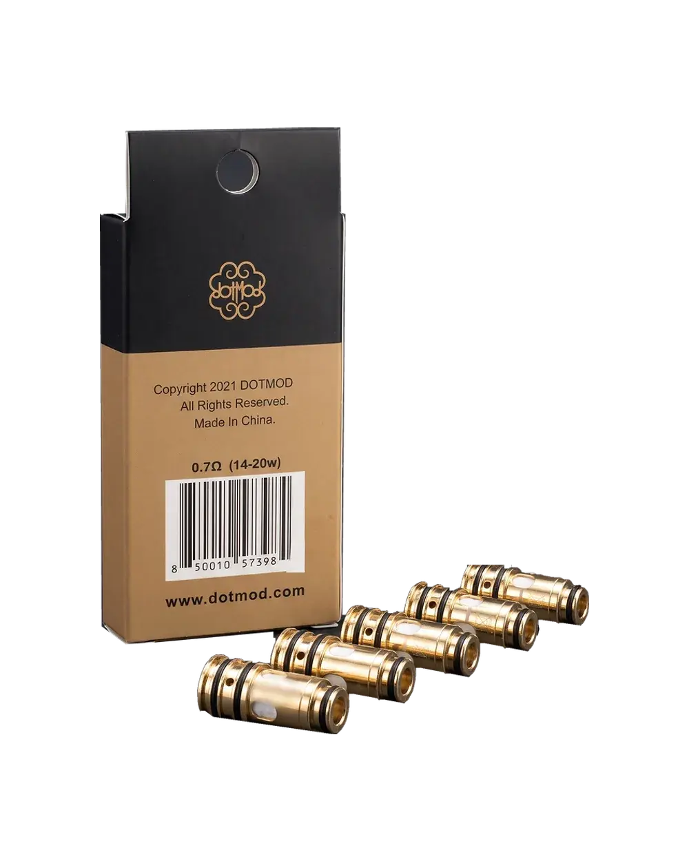 dotmod dotCoil 0.7Ω (14-20w) coil box with five brass coils, studio photo