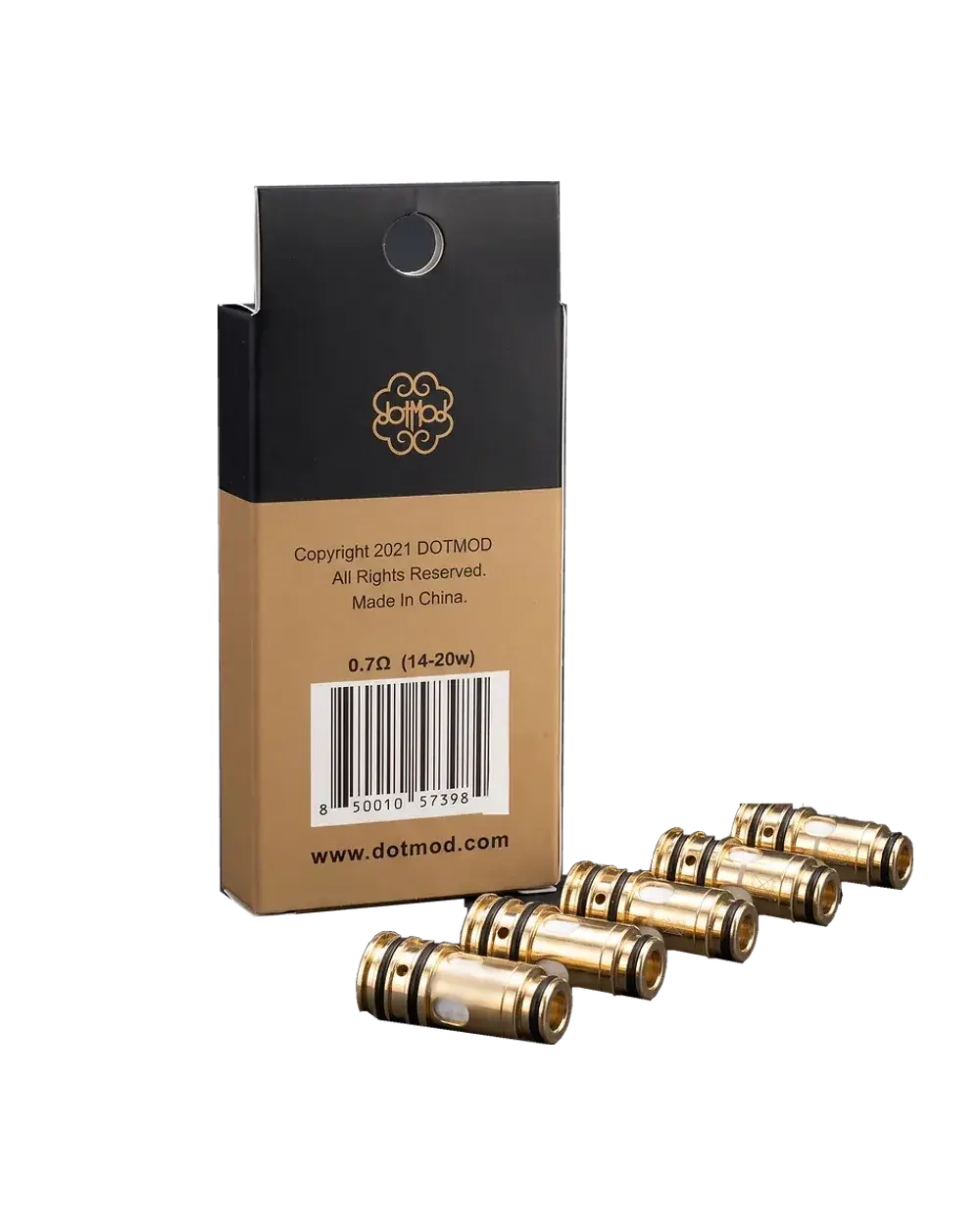 dotmod dotCoil 0.7Ω (14-20w) coil box with five brass coils, studio photo
