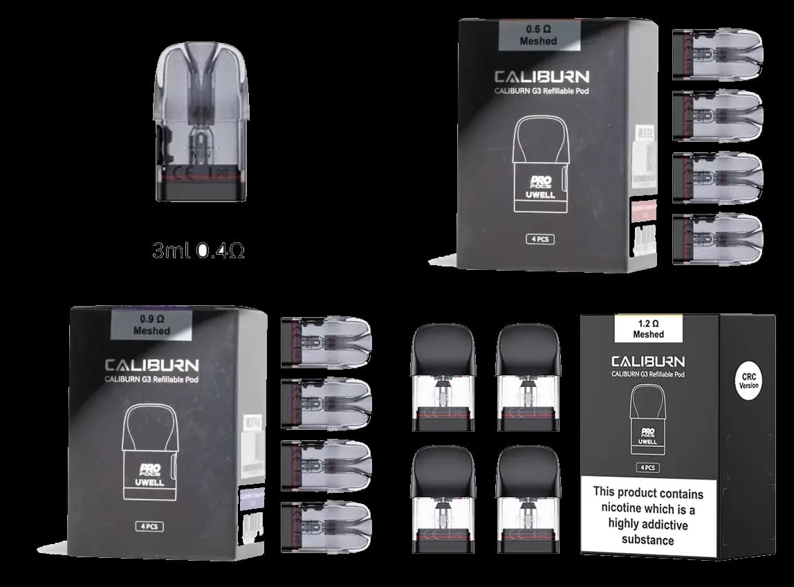 UWELL CALIBURN G3 Refillable Pod retail packaging — 0.4Ω, 0.6Ω, 0.9Ω, and 1.2Ω meshed, one box per resistance
