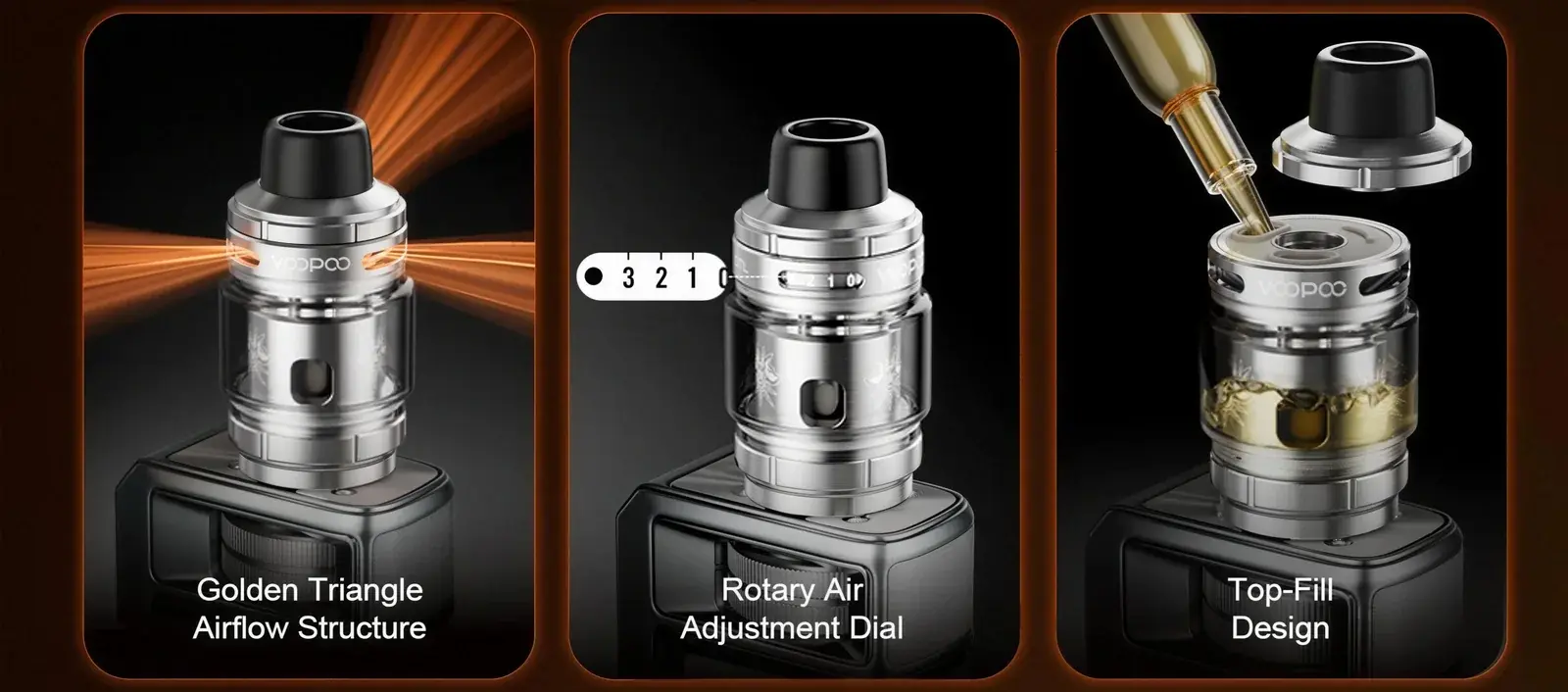 VOOPOO's DRAG 6 poster — Golden Triangle airflow, the rotary airflow dial and top fill