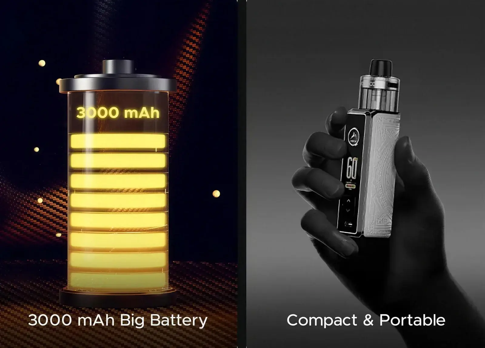 VOOPOO's DRAG S3 poster — the 3000mAh battery and the compact body