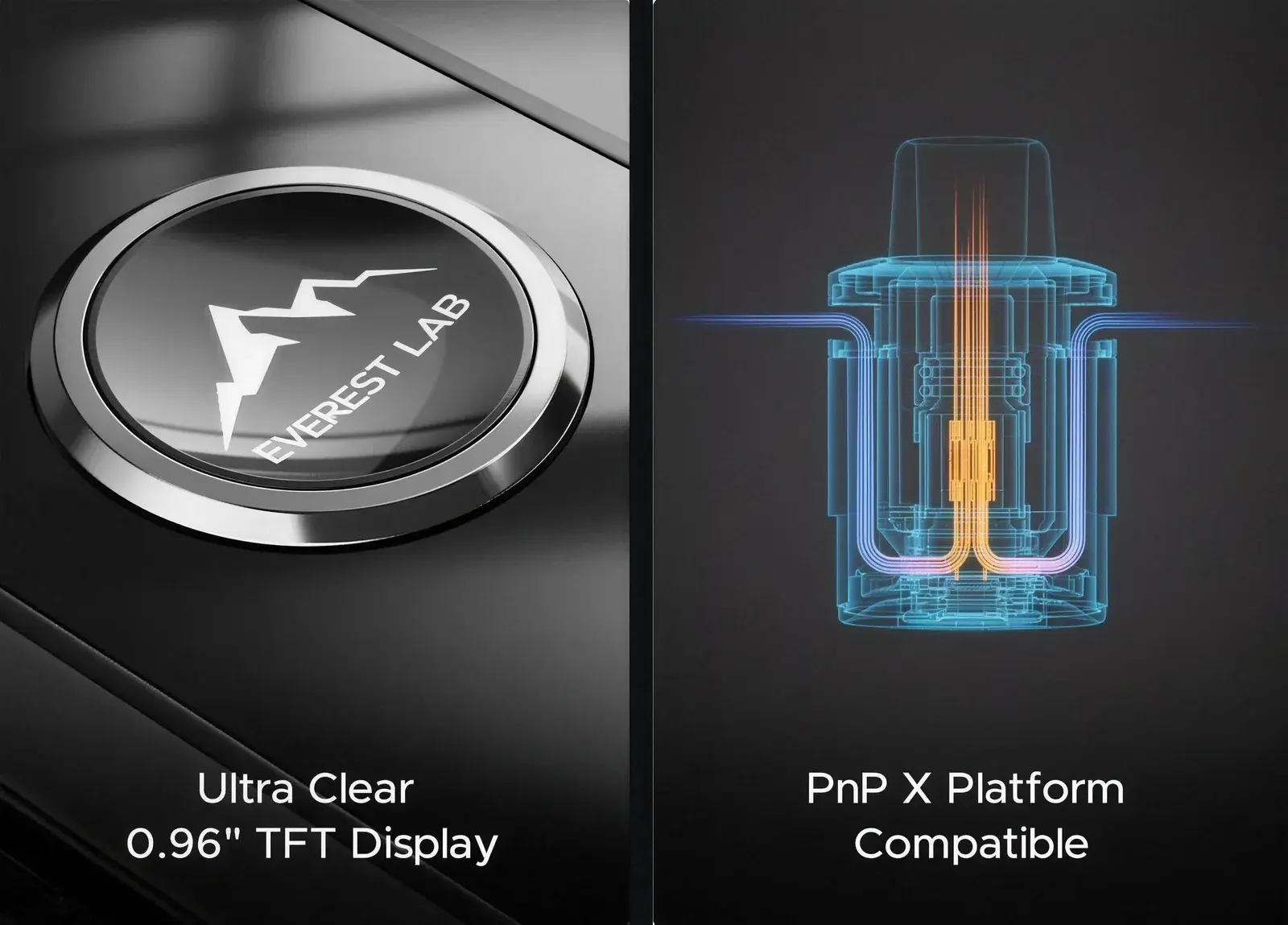 VOOPOO's DRAG S3 poster — the 0.96-inch TFT screen and the PnP X cartridge