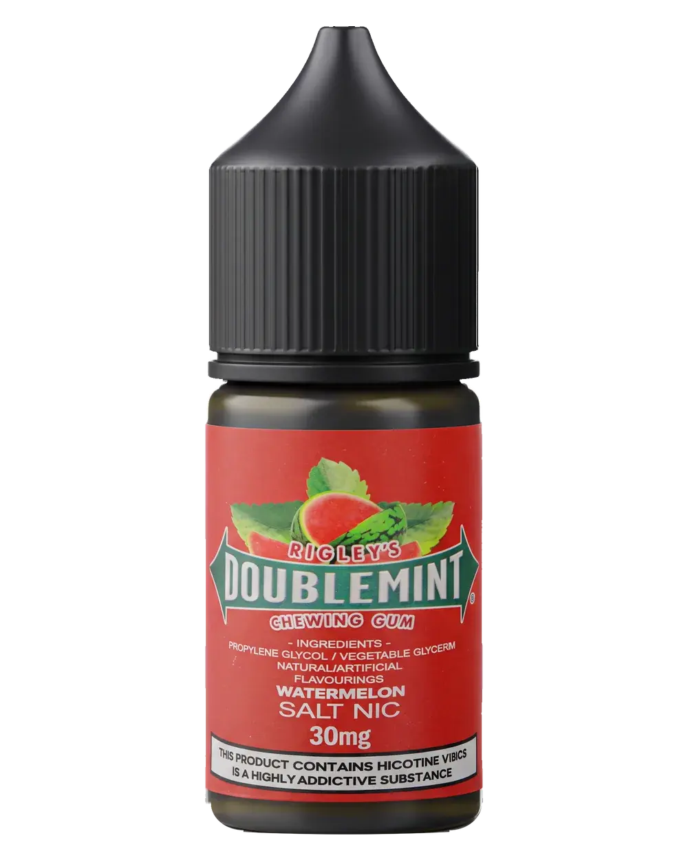 Double Mint Salt Nic e-liquid bottle, Watermelon, studio photo