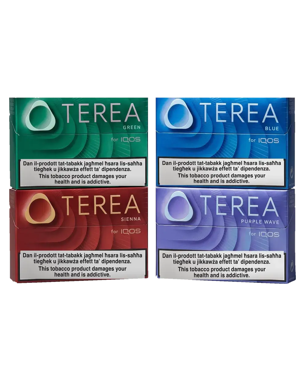 IQOS TEREA tobacco stick packs, Green, Blue, Sienna and Purple Wave, studio photo