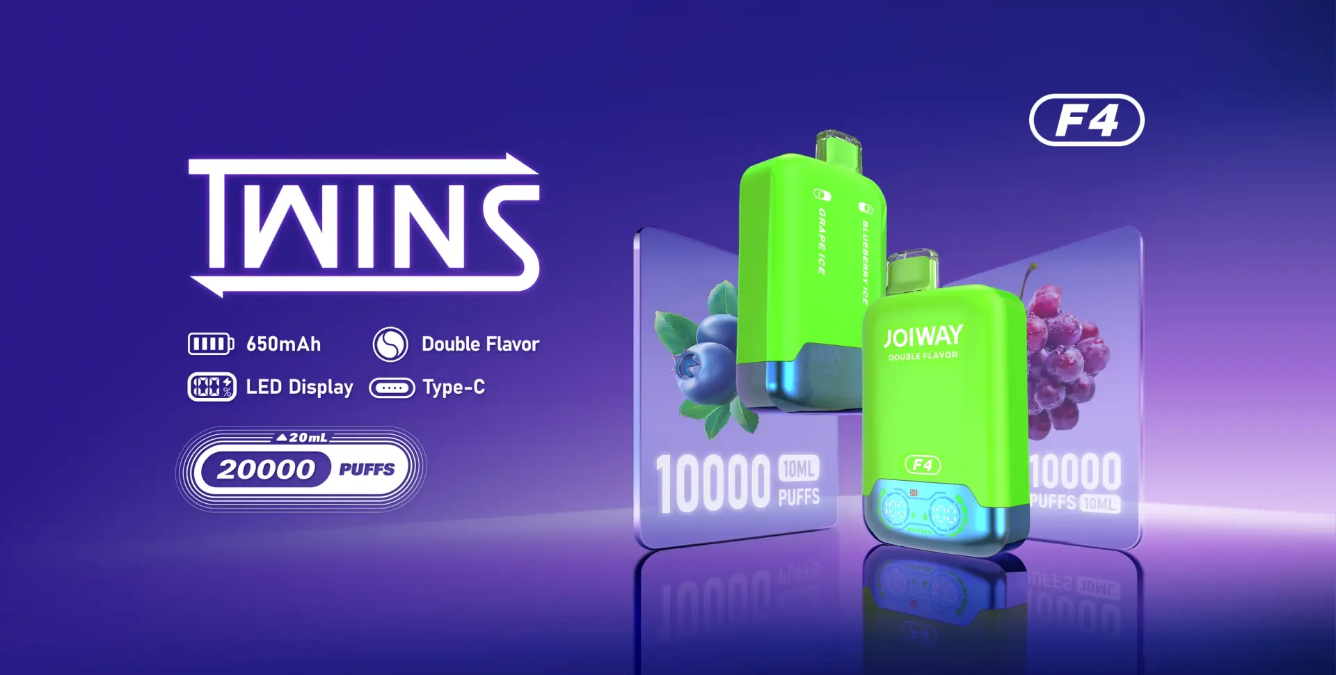 JOIWAY's F4 TWINS poster — 650mAh, double flavor, LED display, Type-C, 20mL, 20000 puffs (10000 puffs and 10mL per side)