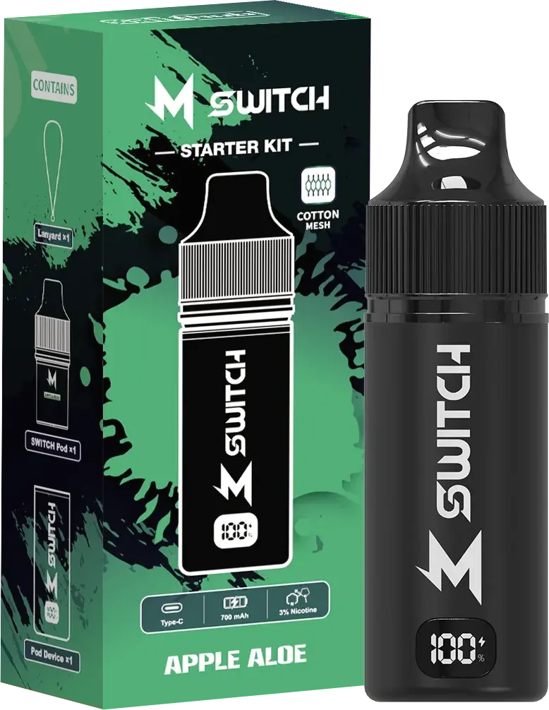 SALTHUB M Switch starter kit, Apple Aloe — box and device, SALTHUB render