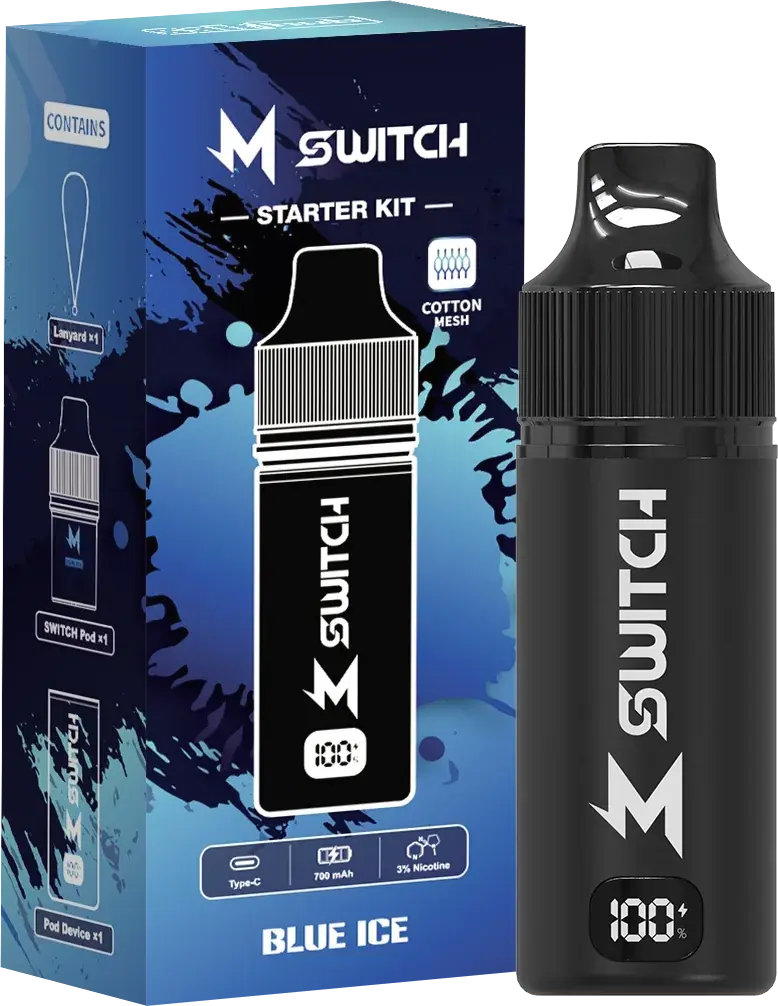 SALTHUB M Switch starter kit, Blue Ice — box and device, SALTHUB render