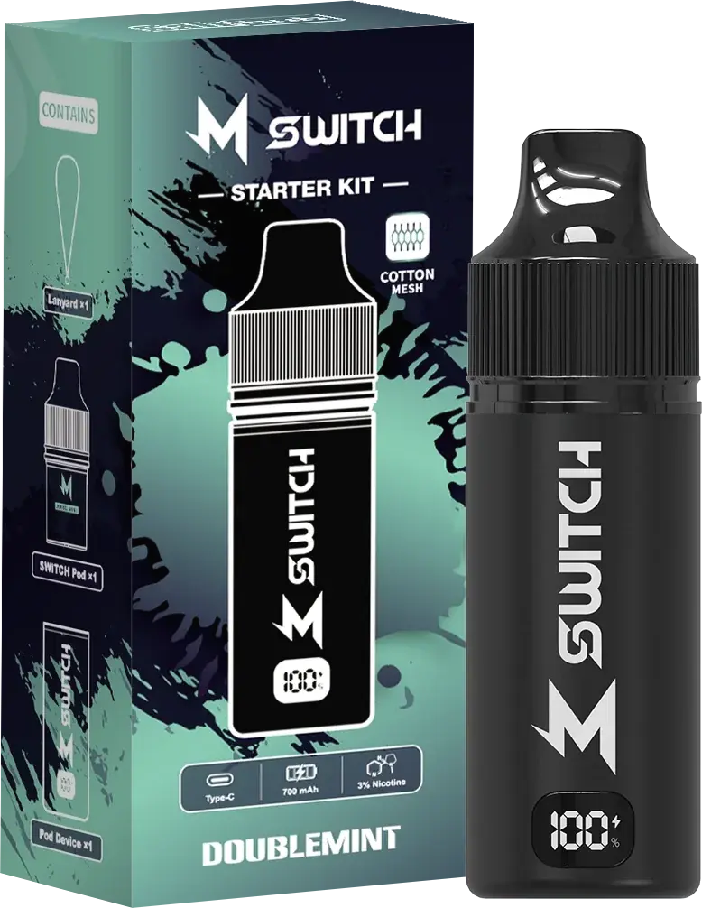 SALTHUB M Switch starter kit, Doublemint — box and device, SALTHUB render
