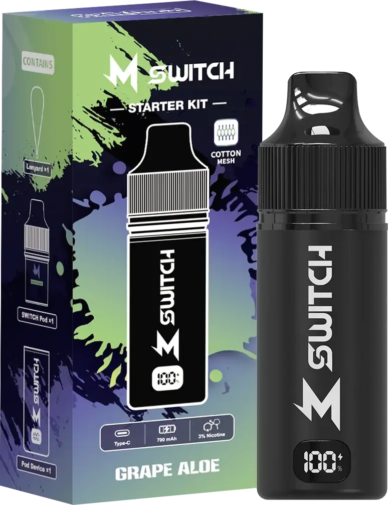 SALTHUB M Switch starter kit, Grape Aloe — box and device, SALTHUB render