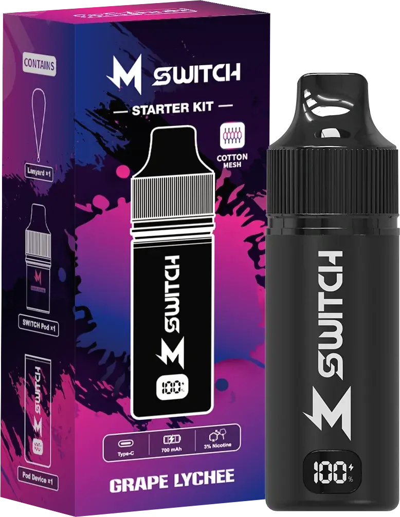 SALTHUB M Switch starter kit, Grape Lychee — box and device, SALTHUB render
