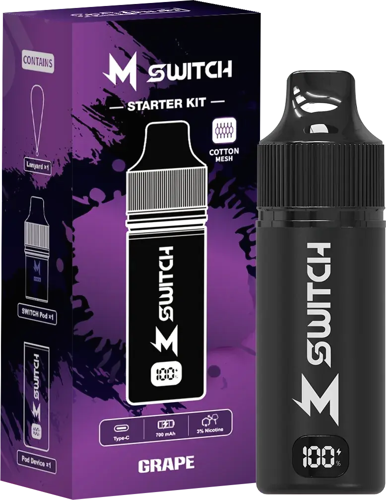 SALTHUB M Switch starter kit, Grape — box and device, SALTHUB render