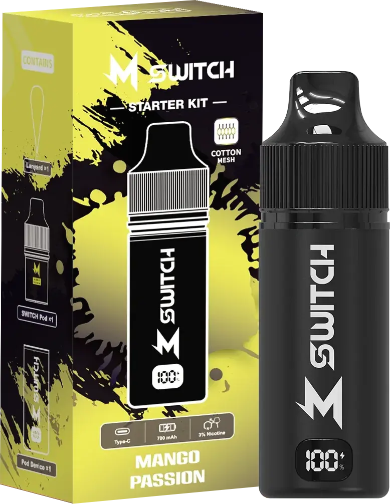 SALTHUB M Switch starter kit, Mango Passion — box and device, SALTHUB render